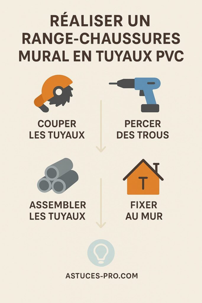Infographie étapes pour réaliser un range-chaussures mural en tuyaux PVC