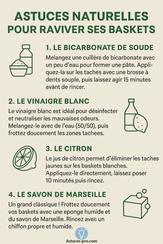 4 astuces naturelles pour raviver ses baskets : bicarbonate de soude, vinaigre blanc, citron et savon de Marseille.