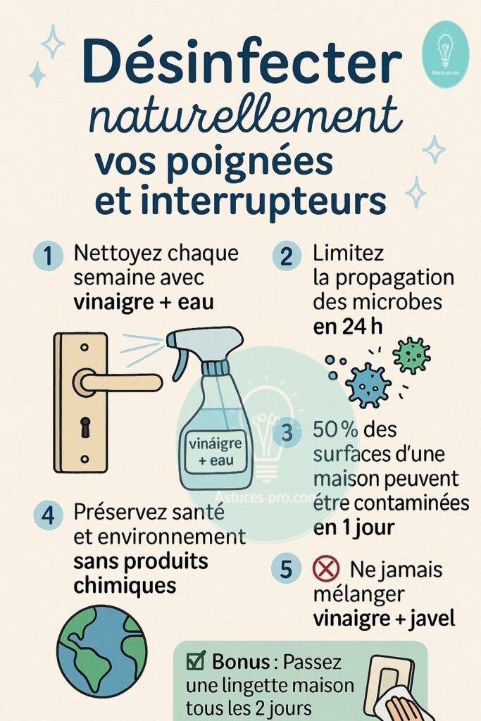 Infographie : 5 étapes pour désinfecter naturellement poignées et interrupteurs avec vinaigre et astuces maison.
