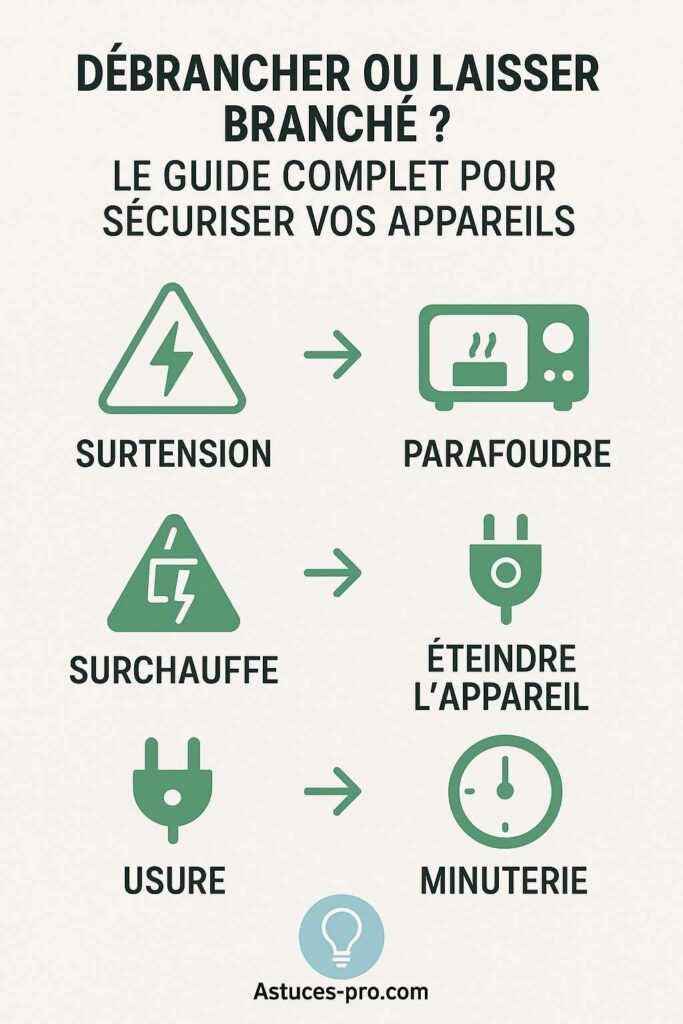 Infographie en français présentant les risques des appareils laissés branchés (surtension, surchauffe, usure) et les solutions pour sécuriser son logement