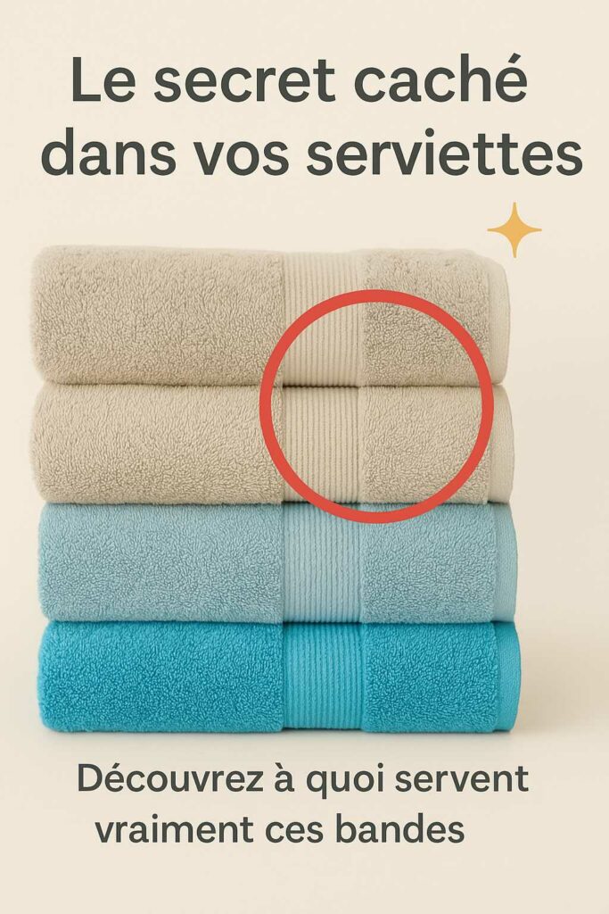 Infographie montrant une pile de serviettes pliées avec une bande de tissu mise en évidence par un cercle rouge, expliquant à quoi servent ces bandes décoratives et pratiques.